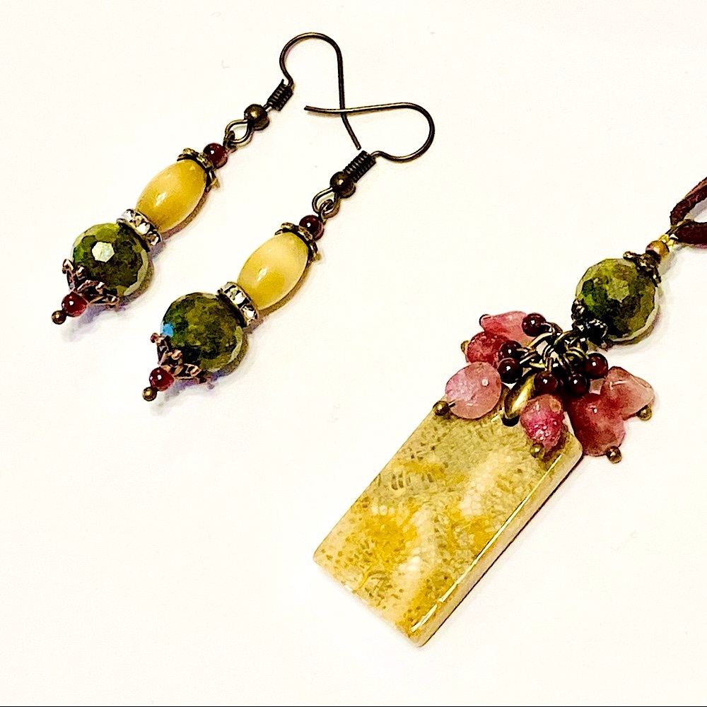 Fossilized Coral Bloodstone & Pink Tourmaline Crystal Cluster Necklace Set